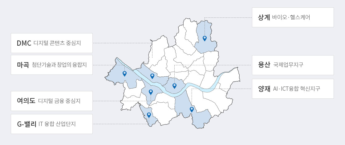 서울시 산업 클러스터 지도(상세 내용 하단 참고)